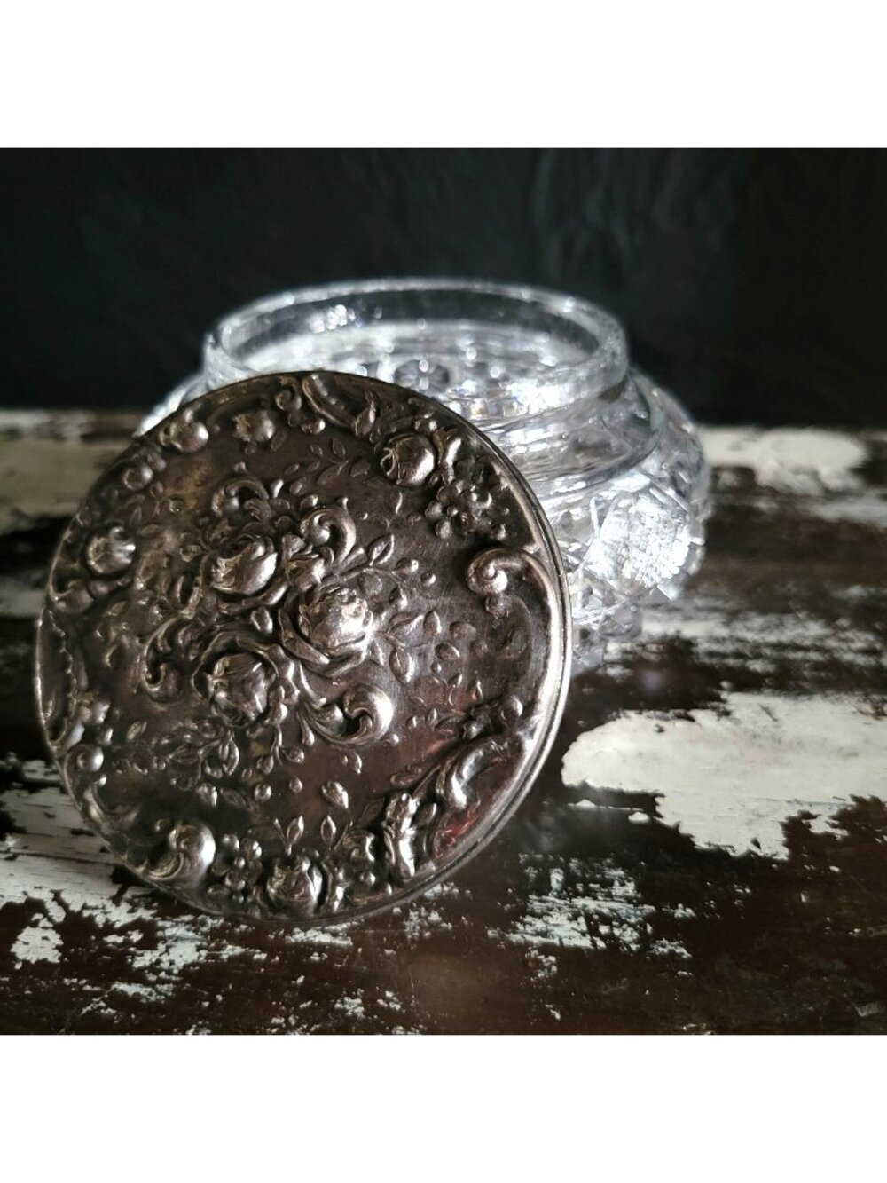 Vintage Gorham Crystal Vanity Jar With Silverplate Repoussé Rose Design Lid